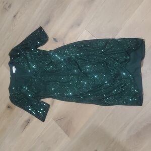 Calvin Klein Women's 10 Green Sequin Cocktail Dress Sleeves V Neck Faux Wrap
